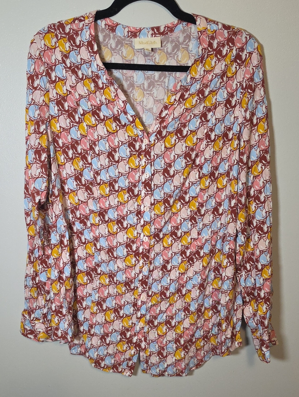 Modcloth Multicolor Cat Printed Button-Down Blouse in Brown, Yellow, Blue, Pink